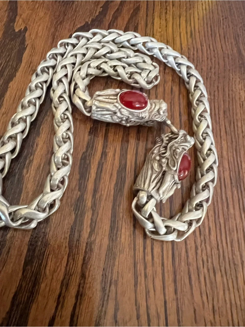 Braided Tibetan Silver Dragon Necklace with Carnelian Cabochons